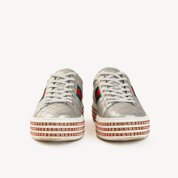 Gucci Ace Silver Quilted-Leather Bee-Webbing Crystal-Platform Sneakers - Picture 2 of 14